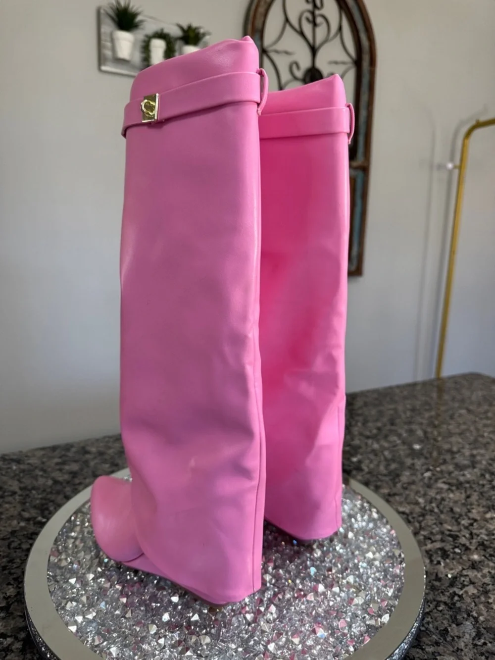 Pink Women's Knee-High skirted wedge Fashion Boots